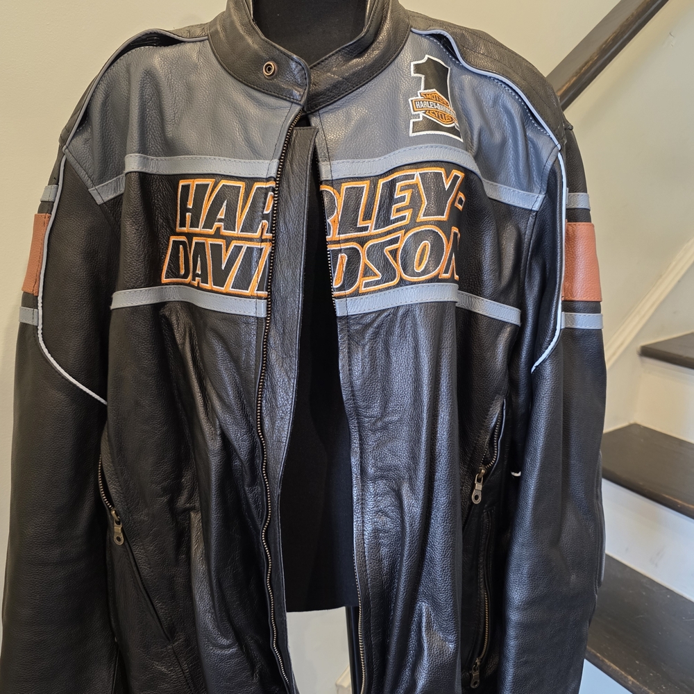 Harley-Davidson Black and Gray Bomber Jacket with Orange Accents